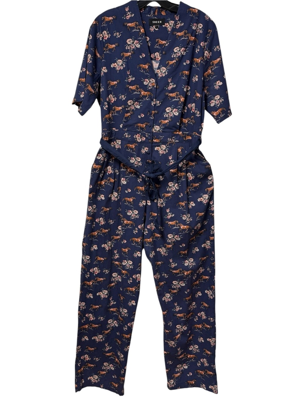 Horse-Print Navy Jumpsuit Sz 12